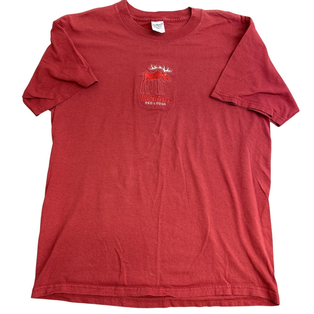 Gildan Montana Red Lodge Moose Embroidered T-Shirt Red Mens Large Heavyweight